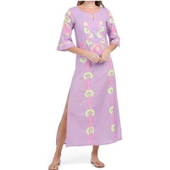 Debbie Katz Delilah Embroidered Caftan Tunic  Dress Lilac Purple Neon Medium - Picture 1 of 10